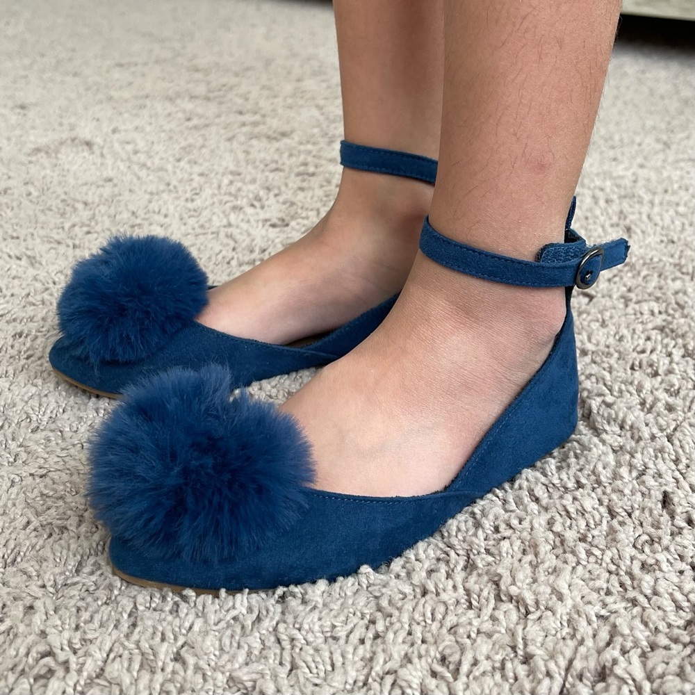 Old Navy Girls Blue Pom Pom Ankle-Strap Flats